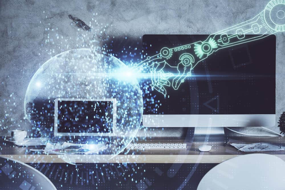 Illustration d'une main robotique interagissant avec un globe numérique et des écrans d'ordinateur pour symboliser la technologie de pointe